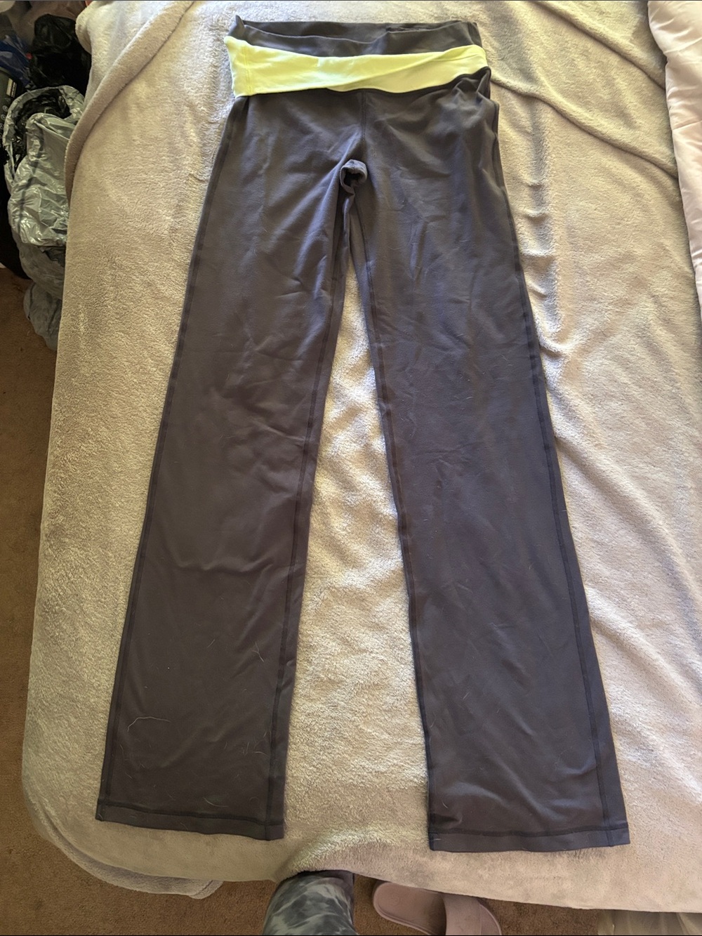 lululemon athletica Gray Leggings with Yellow Fold-Over Waistband boot cut